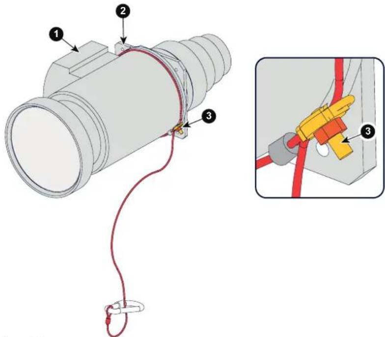 Technical diagram showing a mechanical assembly with labeled parts and a close-up of a cable being inserted into a terminal block.