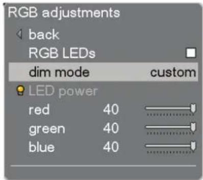 RGB adjustments back RGB LEDs dim mode custom LED power red 40 green 40 blue 40