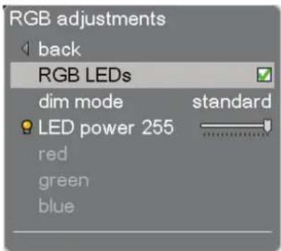 RGB adjustments back RGB LEDs dim mode standard LED power 255 red green blue