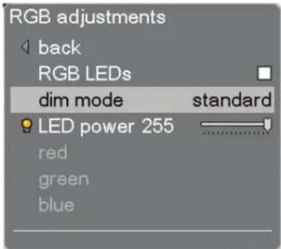 RGB adjustments back RGB LEDs dim mode standard LED power 255 red green blue