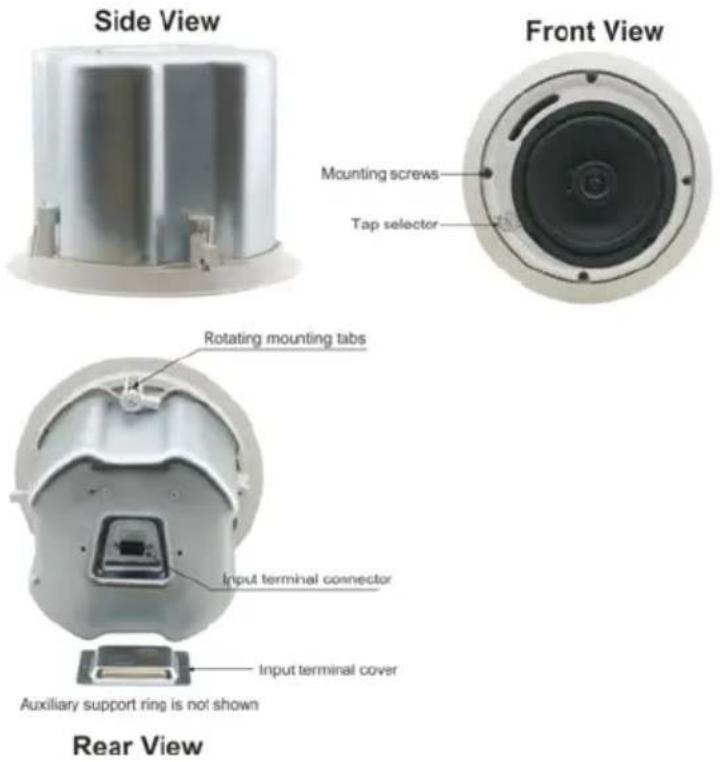 Side View Front View Mounting screws Tap selector Rotating mounting tabs Input terminal connector Input terminal cover Auxiliary support ring is not shown Rear View