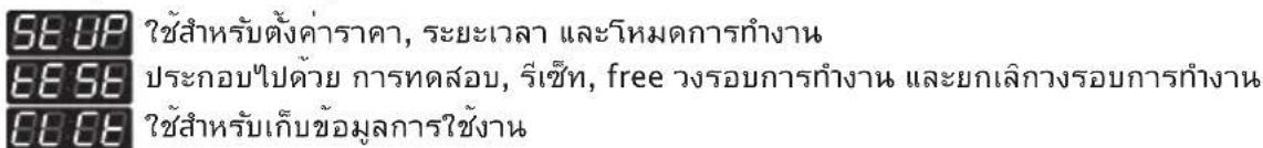 SEOP ใช้สำหรับตั้งค่ําราดา, ระยะเวลา และโหมดการทำงาน SESE ประกอบไปด้วย การทดสอบ, รีเซ็ท, free วงรอบการทำงาน และยกเลิกางรอบการทำงาน SEEE ใช้สำหรับเก็บข้อมูลการใช้งาน