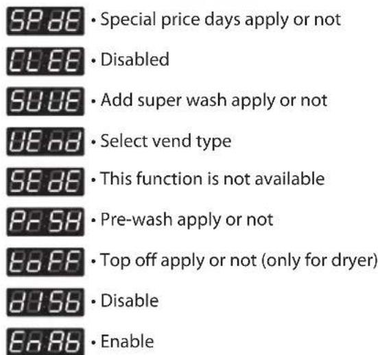 SP 8E • Special price days apply or not CL 8E • Disabled SU 8E • Add super wash apply or not UE 8E • Select vend type SE 8E • This function is not available PA 5H • Pre-wash apply or not EO FF • Top off apply or not (only for dryer) DI 56 • Disable EA 86 • Enable