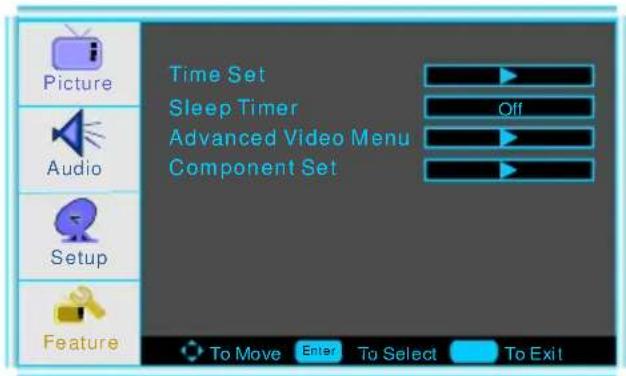 Picture Audio Setup Feature Time Set Sleep Timer Advanced Video Menu Component Set To Move Enter To Select To Exit