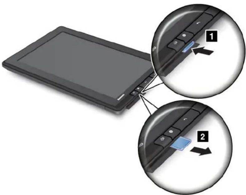 Diagram showing two views of a laptop with labeled buttons and directional arrows indicating action or insertion.