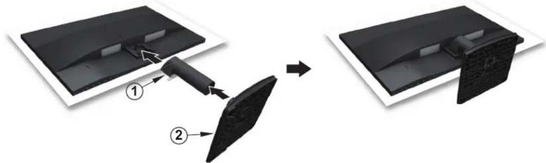 Diagram showing two steps of a device assembly: adding a component to a flat panel, then adding a fan blade (no text or symbols present)