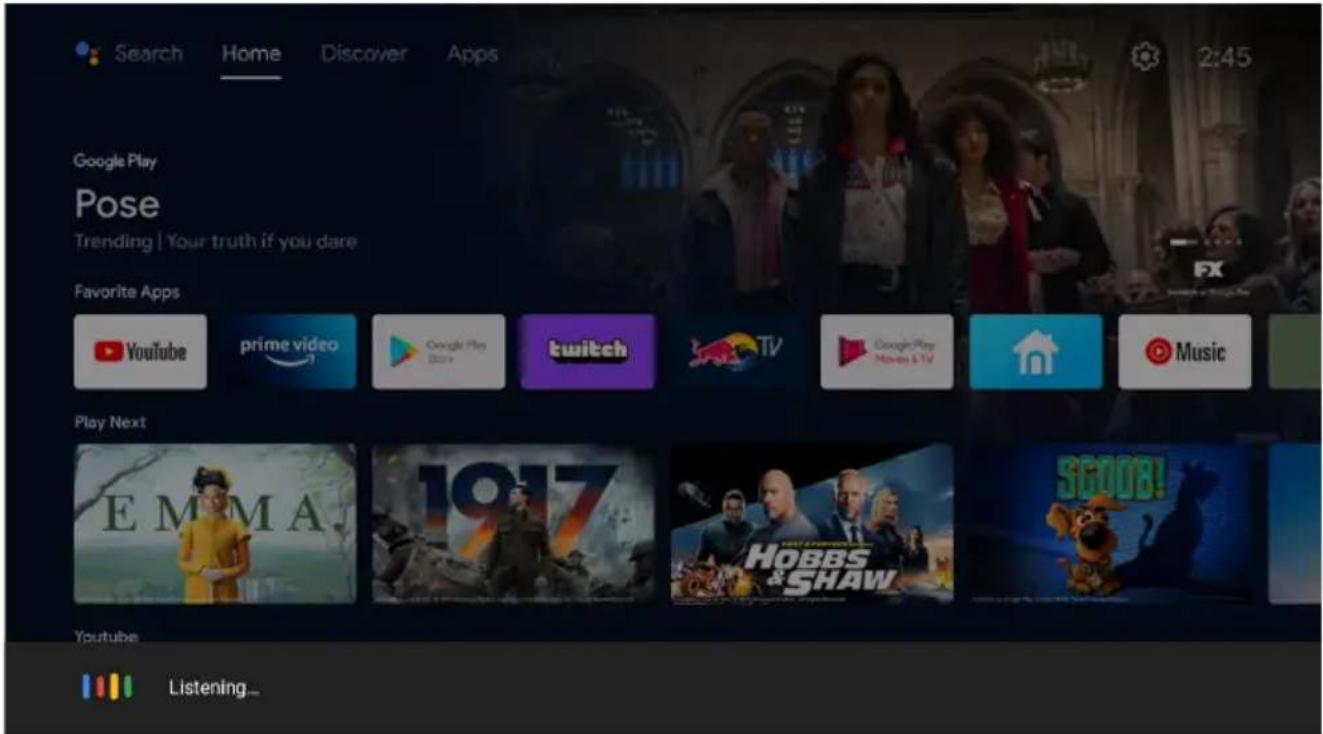 Search Home Discover Apps 2:45 Google Play Pose Trending | Your truth if you dare Favorite Apps YouTube prime video Google Play Store twitch TV Google Play Movies & TV Music Play Next EMMA 1917 HOBBS &SHAW 56008! Youtube Listening...