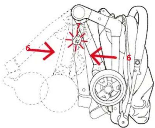Technical diagram of a mechanical device with numbered components and red arrows indicating motion or assembly paths.