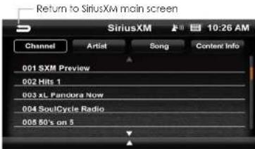 Return to SiriusXM main screen Channel Artist Song Costent Info 001 SXM Preview 002 Hits 1 003 xL Pandora Now 004 SoulCycle Radio 005 50's on 5