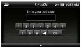 SiriusXM 09:58 AM Enter your lock code 1 2 3 4 5 6 7 8 9 0 OK