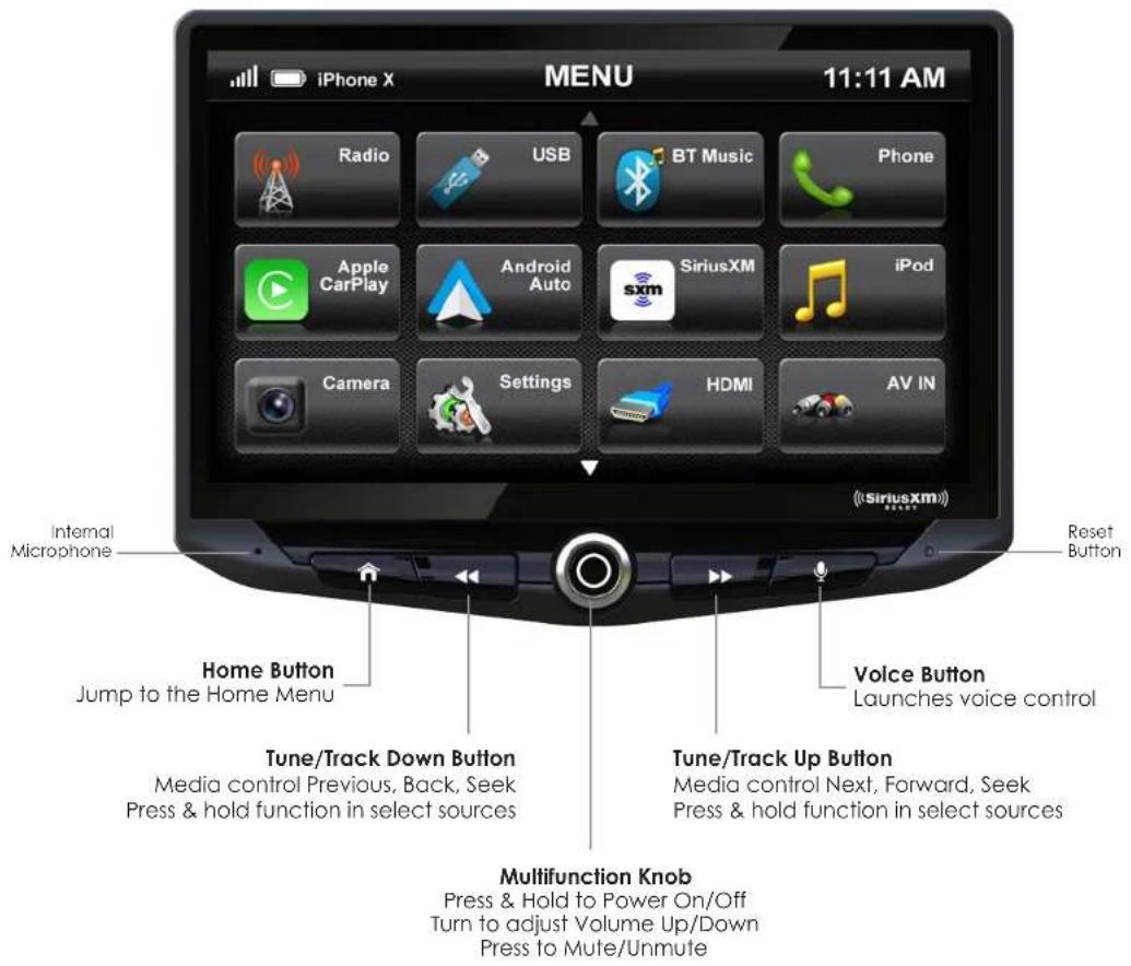 iPhone X MENU 11:11 AM Radio USB BT Music Phone Apple CarPlay Android Auto SiriusXM iPod Camera Settings HDMI AV IN Internal Microphone Reset Button Home Button Launches voice control Jump to the Home Menu Tune/Track Down Button Media control Previous, Back, Seek Press & hold function in select sources Voice Button Tune/Track Up Button Media control Next, Forward, Seek Press & hold function in select sources Multifunction Knob Press & Hold to Power On/Off Turn to adjust Volume Up/Down Press to Mute/Unmute
