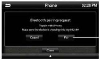 Phone 02:28 PM Bluetooth pairing request Top order until Phone Make sure the device is showing this key/91289 Cancel Par Close
