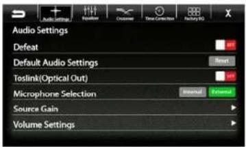 Audio Settings Defeat Default Audio Settings Toslink(Optical Out) Microphone Selection Source Gain Volume Settings