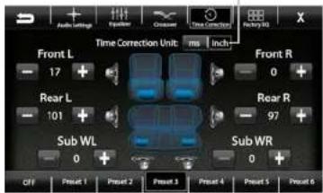 Auto setting Number Current Time Correction History 10 Time Correction Unit ms Inch Front L 17 Front R 0 Rear L 101 Rear R 97 Sub WL 0 Sub WR 0 OFF Preset 1 Preset 2 Preset 3 Preset 4 Preset 5 Preset 6