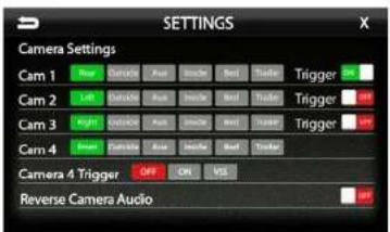 SETTINGS Camera Settings Cam 1 New Actions Auto Stroke Beat Trigger OK Cam 2 Left Actions Auto Stroke Beat Trigger OFF Cam 3 Right Actions Auto Stroke Beat Trigger OFF Cam 4 Left Actions Auto Stroke Beat Trigger OFF Camera 4 Trigger OFF ON VSS Reverse Camera Audio