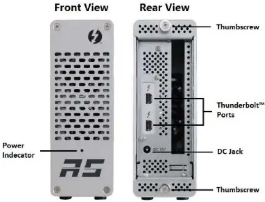 Front View Power Indicator RS Rear View Thumbscrew Thunderbolt™ Ports DC 12V DC Jack Thumbscrew