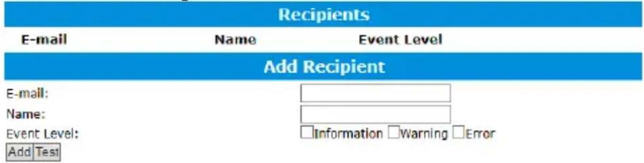Recipients E-mail Name Event Level Add Recipient E-mail: Name: Event Level: Add Test