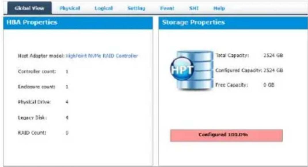 Global View Physical Logical Setting Event SHI Help HBA Properties Host Adapter model: HighPoint NVMe RAID Controller Controller count: 1 Enclosure count: 1 Physical Drive: 4 Legacy Disk: 4 RAID Count: 0 Storage Properties Total Capacity: 2524 GB Configured Capacity: 2524 GB Free Capacity: 0 GB Configured 100.0%e