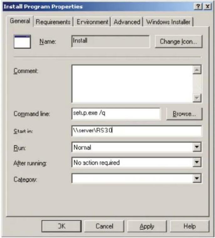 Install Program Properties General Requirements Environment Advanced Windows Installer Name: Install Change Icon... Comment: Command line: setUp.exe /q Browse... Start in: \\server\RS30 Run: Normal After running: No action required Category: OK Cancel Apply Help