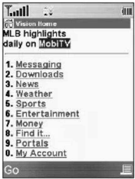 Vision Home MLB highlights daily on MobiTV 1. Messaging 2. Downloads 3. News 4. Weather 5. Sports 6. Entertainment 7. Money 8. Find it... 9. Portals 0. My Account Go
