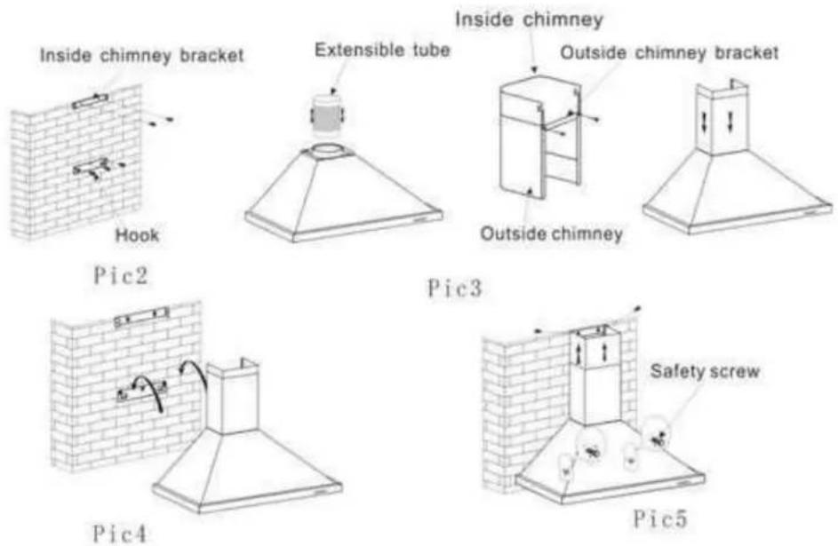 Inside chimney bracket Hook Pic2 Extensible tube Inside chimney Outside chimney bracket Outside chimney Pic3 Pic4 Safety screw Pic5