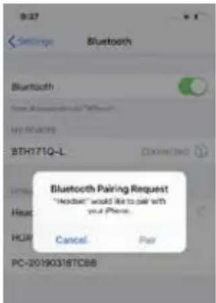 Bluetooth Bluetooth BTH171Q-L Bluetooth Pairing Request "Headset" would like to pair with you Phone. Cancel Par PC-201903187C88
