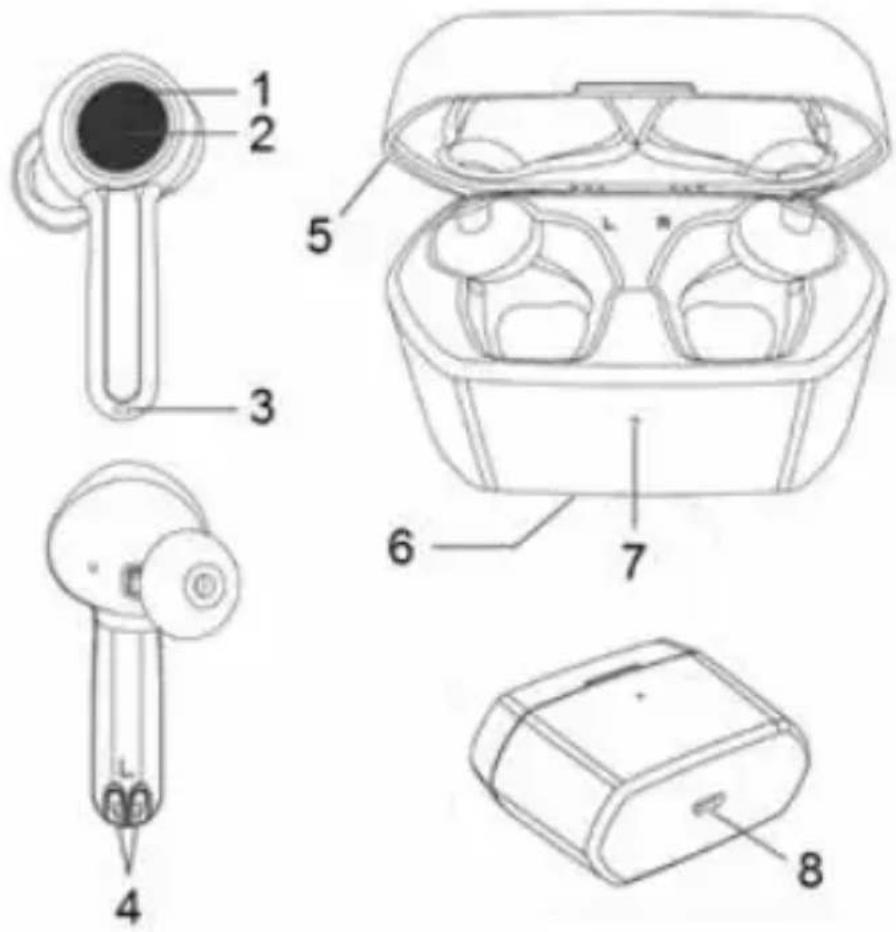 Technical diagram of an earbuds with numbered parts for identification and assembly reference.