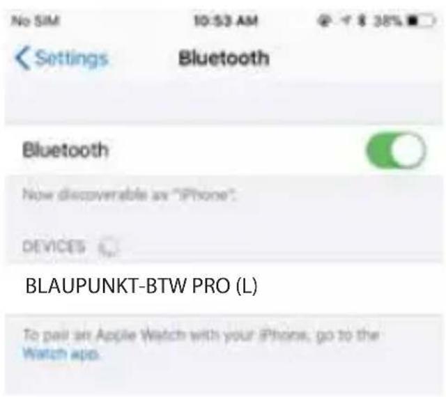 No SIM 10:53 AM @ - 8 38% Settings Bluetooth Bluetooth Now discoverable are "iPhone". DEVICES BLAUPUNKT-BTW PRO (L) To pass an Apple Watch with your iPhone, go to the Watch app.
