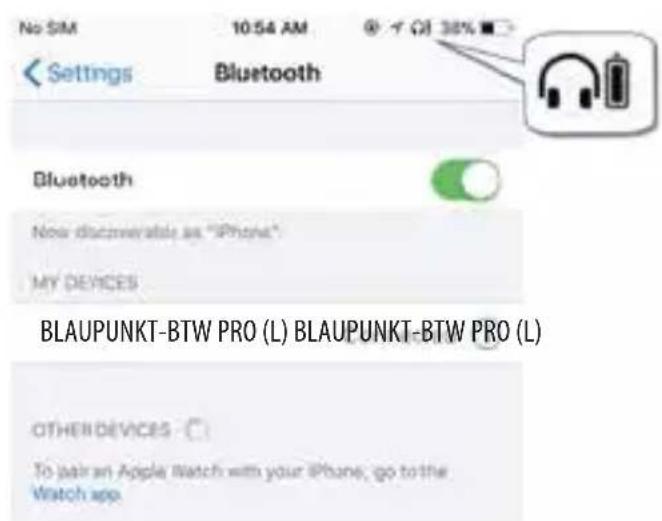 No SIM 10:54 AM @ 38% Settings Bluetooth Bluetooth Now discoverable as "iPhone" MY DEVICES BLAUPUNKT-BTW PRO (L) BLAUPUNKT-BTW PRO (L) OTHER DEVICES To join an Apple Watch with your iPhone, go to the Watch app.