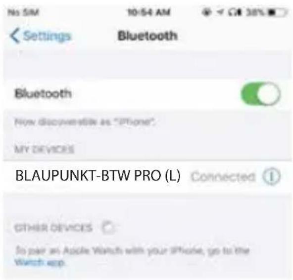 No SIM 10:54 AM Settings Bluetooth Bluetooth Now discoverise as "iPhone". MY DEVICES BLAUPUNKT-BTW PRO (L) Connected ① OTHER DEVICES So par an Apple Watch with your iPhone, go to the Watch app.