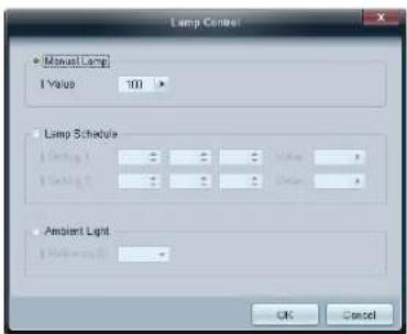 Lamp Control • Manual Lamp 1 Value 100 ° Lamp Schedule • Lamps 1 - - - - - - - - - - - - - - - - - - - - - - - - - - - - - - - - - - - • Lamps 2 - - - - - - - - - - - - - - - - - - - - - - - - • Ambient Light OK Cancel