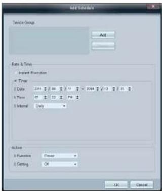 Add Schedule Service Group Add Data & Time Instant Execution + Time 1 Date 2011 04 11 2004 13 31 1 Time 07 22 59 1 Internal: Only - Action 1 Function: False 1 Setting: Off - OK Cancel