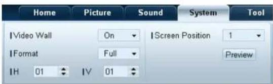 Home Picture Sound System Tool |Video Wall On |Screen Position 1 |Format Full Preview IH 01 IV 01