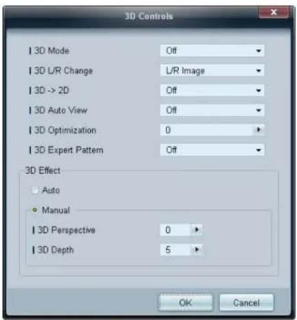 3D Controls I 3D Mode Off I 3D L/R Change L/R Image I 3D -> 2D Off I 3D Auto View Off I 3D Optimization 0 I 3D Expert Pattern Off 3D Effect ● Auto ● Manual I 3D Perspective 0 I 3D Depth 5 OK Cancel