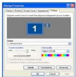 Display Properties Themes | Desktops | Screen Save | Appearance | Settings Tag the number lines to match the physical arrangement of you members. 1 2 Display 1. appearance Screen resolution: None Save Window size: Color ability Highest (50%) Close the device as the button member. Selected by Windows displaying all the members. Identity | Download | Advanced OK Cancel Apply