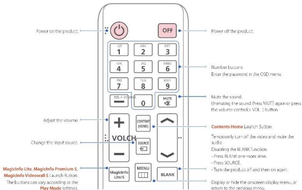 Power on the product. OFF Power off the product. QZ ABC DEF 1 2 3 GHI JKL MNG 4 5 6 PRS TUV WXY 7 8 9 DEL/√SYMBOL MUTE 0 Number buttons Enter the password in the OSD menu. Mute the sound. Unmuling the sound: Press MUTE again or press the volume control(1 VOL.) button. Adjust the volume. + VOLCH CONTENT (HOME) > Source ... Contents Home Launch Button. Change the input source. - - - ... Temporary turn off the video and mute the audio. Disabling the BLANK function - Press BLANK one more time. - Press SOURCE. MagicInfo Lite, MagicInfo Premium S, MagicInfo Videowall S Launch Button. The buttons can vary according to the Play Mode settings. MagicInfo Lite/S MENU BLANK Display or hide the onscreen display menu, or return to the previous menu.