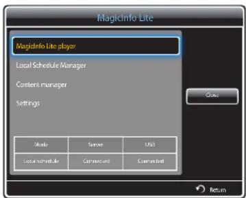 MagicInfo Lite MagicInfo Lite player Local Schedule Manager Content manager Settings Mode Sensor UI3 License Commanded CommsCtrl OK Return
