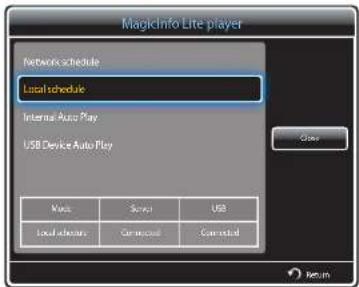 MagicInfo Lite player Network schedule Local schedule Internal Auto Play USB Device Auto Play MaaS Server USB Local schedule Nextwood Nextred Return
