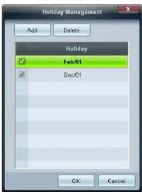 Holiday Management Add Delete Holiday ✓ Feb/01 ✓ Doc/C1 OK Cancel