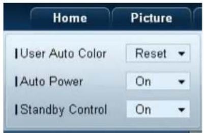 Home Picture User Auto Color Reset Auto Power On Standby Control On