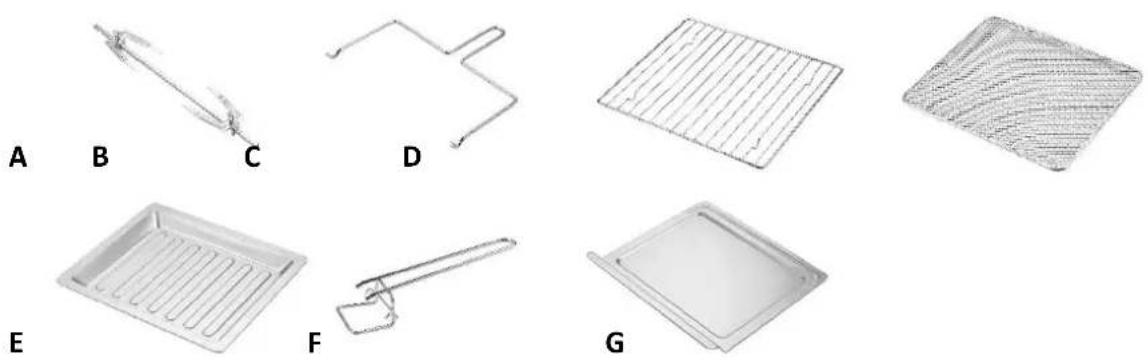 Six different types of kitchen utensils and trays labeled A through G, shown in 3D wireframe views without any text or symbols.
