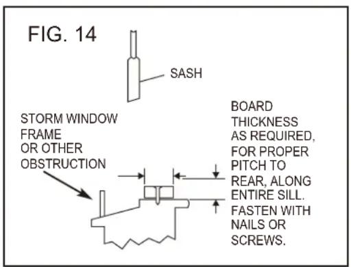 FIG. 14 SASH STORM WINDOW FRAME OR OTHER OBSTRUCTION BOARD THICKNESS AS REQUIRED, FOR PROPER PITCH TO REAR, ALONG ENTIRE SILL. FASTEN WITH NAILS OR SCREWS.