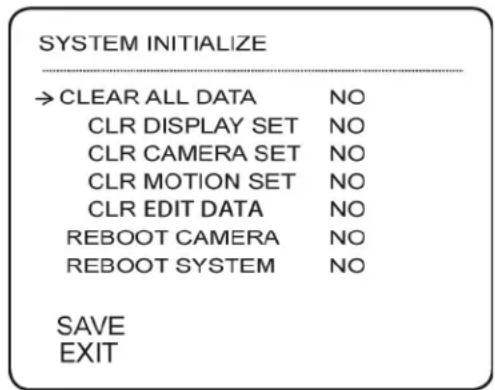 SYSTEM INITIALIZE → CLEAR ALL DATA NO CLR DISPLAY SET NO CLR CAMERA SET NO CLR MOTION SET NO CLR EDIT DATA NO REBOOT CAMERA NO REBOOT SYSTEM NO SAVE EXIT