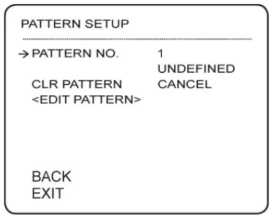 PATTERN SETUP → PATTERN NO. 1 UNDEFINED CLR PATTERN CANCEL BACK EXIT