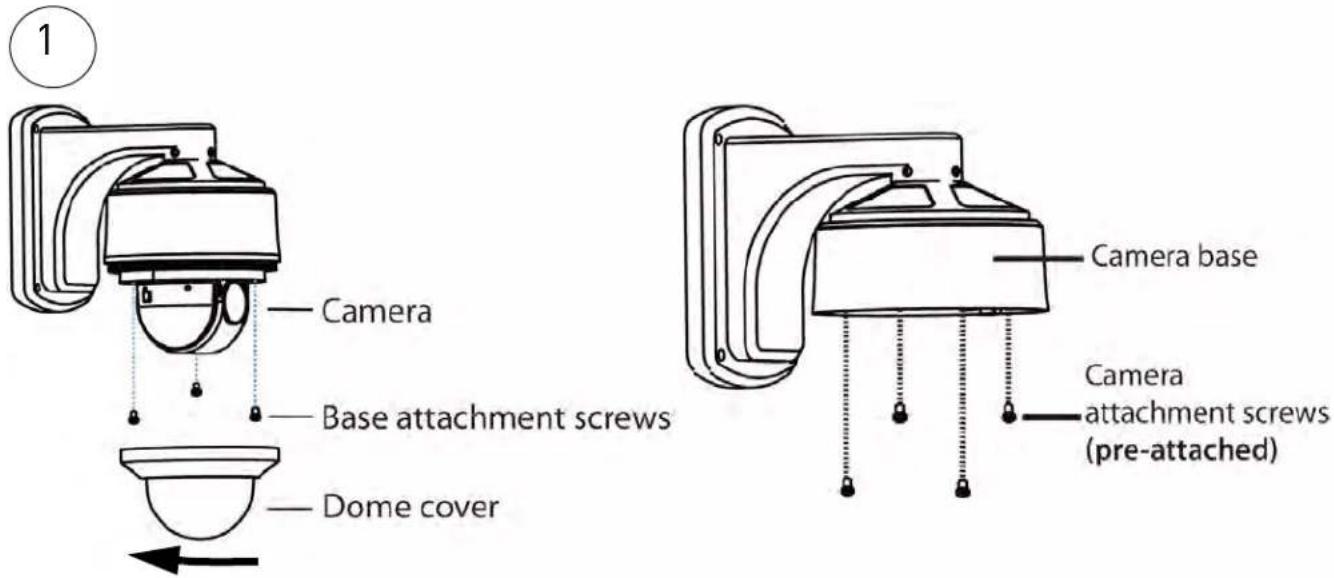 1 Camera Base attachment screws Dome cover Camera base Camera attachment screws (pre-attached)