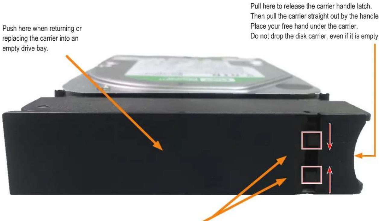 Push here when returning or replacing the carrier into an empty drive bay. Pull here to release the carrier handle latch. Then pull the carrier straight out by the handle. Place your free hand under the carrier. Do not drop the disk carrier, even if it is empty.