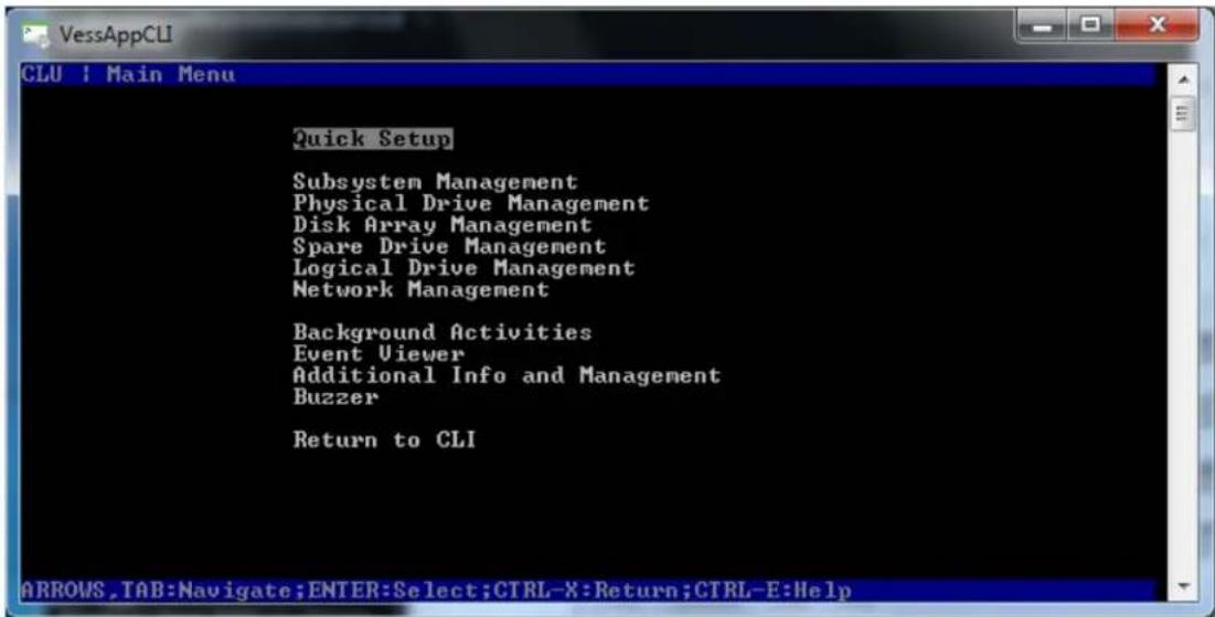 Quick Setup Subsystem Management Physical Drive Management Disk Array Management Spare Drive Management Logical Drive Management Network Management Background Activities Event Viewer Additional Info and Management Buzzer Return to CLI ARROWS,TAB:Navigate;ENTER:Select;CTRL-X:Return;CTRL-E:Help