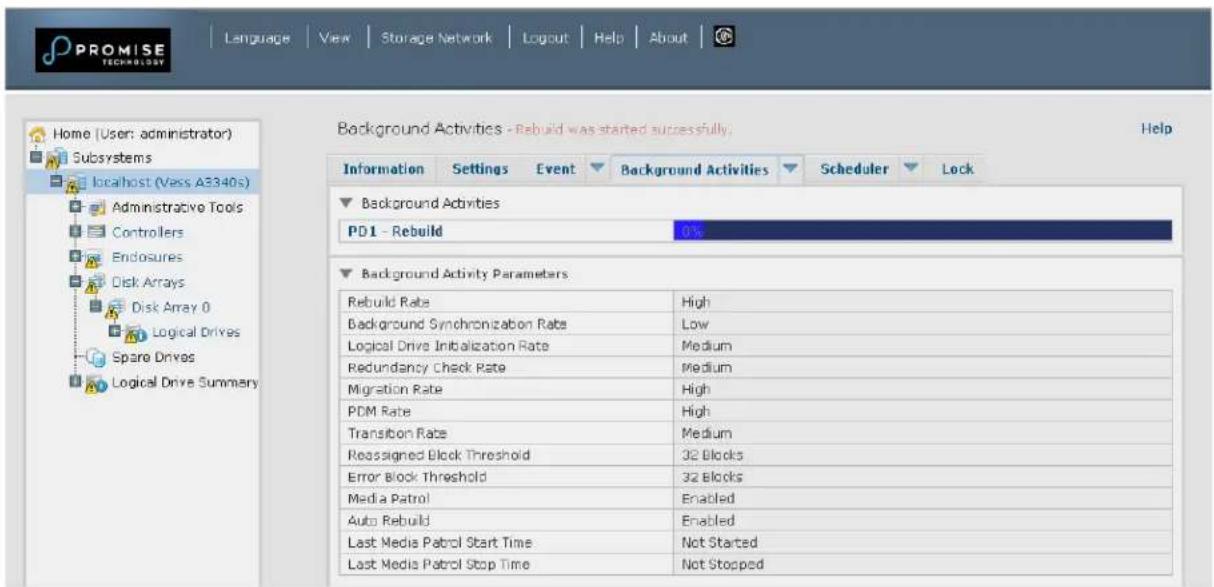 PROMISE TECHNOLOGY Language View Storage Network Logout Help About Home (User: administrator) Subsystems localhost (Vess A3340s) Administrative Tools Controllers Endosures Disk Arrays Disk Array 0 Logical Drives Spare Drives Logical Drive Summary Background Activities - Rebuild was started successfully. Help Information Settings Event Background Activities Scheduler Lock Background Activities PD1 - Rebuild 0% Background Activity Parameters Rebuild Rate High Background Synchronization Rate Low Logical Drive Initialization Rate Medium Redundancy Check Rate Medium Migration Rate High PDM Rate High Transibon Rate Medium Reassigned Block Threshold 32 Blocks Error Block Threshold 32 Blocks Media Patrol Enabled Auto Rebuild Enabled Last Media Patrol Start Time Not Started Last Media Patrol Stop Time Not Stopped