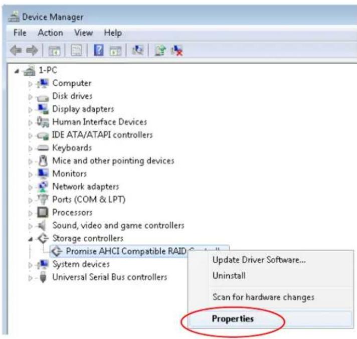 Device Manager File Action View Help 1-PC Computer Disk drives Display adapters Human Interface Devices IDE ATA/ATAPI controllers Keyboards Mice and other pointing devices Monitors Network adapters Ports (COM & LPT) Processors Sound, video and game controllers Storage controllers Promise AHCI Compatible RAID System devices Universal Serial Bus controllers Update Driver Software... Uninstall Scan for hardware changes Properties