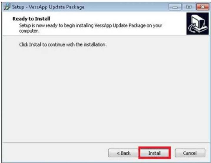 Setup - VessApp Update Package Ready to Install Setup is now ready to begin installing VessApp Update Package on your computer. Click Install to continue with the installation. < Back Install Cancel